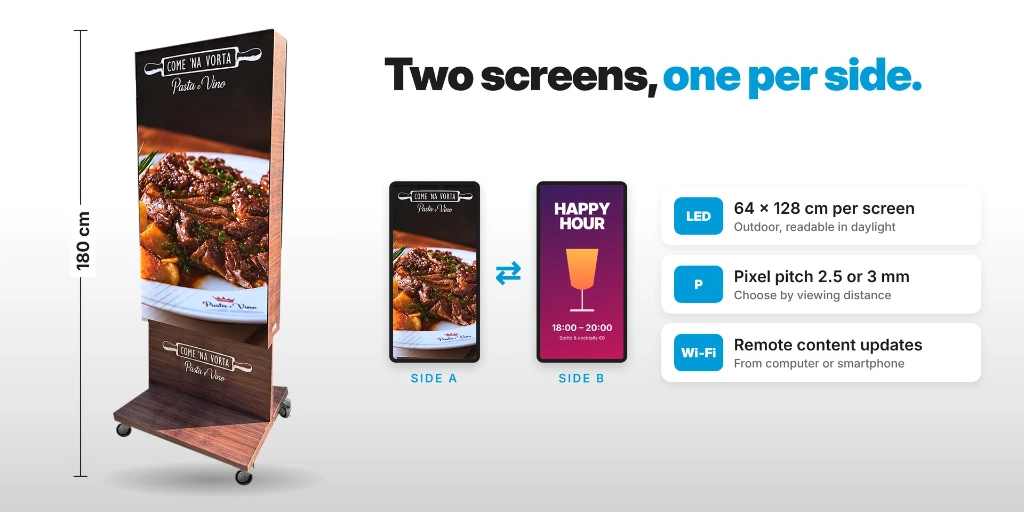 Street Totem: two LED screens, one per side, 180 cm high, P2.5 or P3, Wi-Fi